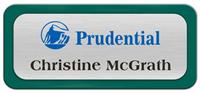 Metal Name Tag: Brushed Silver Metal Name Tag with a Pine Green Plastic Border