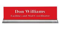 Crimson Plastic Plate with White Text, Clear Acrylic Base