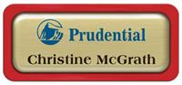 Metal Name Tag: Brushed Gold Metal Name Tag with a Red Plastic Border and Epoxy