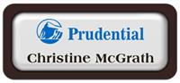 Metal Name Tag: White Metal Name Tag with a Dark Brown Plastic Border and Epoxy