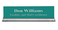 Celadon Green Plastic Plate with White Text, Clear Acrylic Base