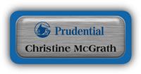 Metal Name Tag: Brushed Silver Metal Name Tag with a Blue Plastic Border and Epoxy