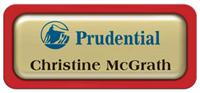 Metal Name Tag: Shiny Gold Metal Name Tag with a Red Plastic Border and Epoxy
