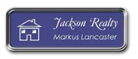 Framed Name Tag: Silver Metal (rounded corners) - Purple and White Plastic Insert with Epoxy