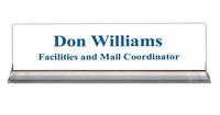 White Plastic Plate with Blue Text, Clear Acrylic Base