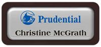 Metal Name Tag: Shiny Silver Metal Name Tag with a Dark Brown Plastic Border and Epoxy