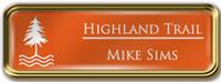 Framed Name Tag: Gold Metal (rounded corners) - Tangerine and White Plastic Insert with Epoxy
