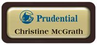 Metal Name Tag: Shiny Gold Metal Name Tag with a Dark Brown Plastic Border and Epoxy