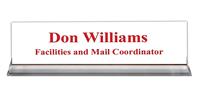 White Plastic Plate with Crimson Text, Clear Acrylic Base