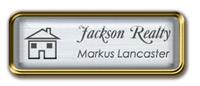 Framed Name Tag: Gold Metal (rounded corners) - Brushed Aluminum and Black Plastic Insert with Epoxy