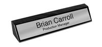 Black Marble Desk Name Plate - Brushed Silver Metal Plate