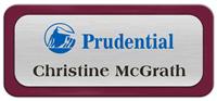 Metal Name Tag: Brushed Silver Metal Name Tag with a Burgundy Plastic Border