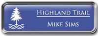 Framed Name Tag: Silver Metal (rounded corners) - Purple and White Plastic Insert with Epoxy