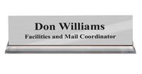 Brushed Aluminum Plastic Plate with Black Text, Clear Acrylic Base