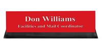 Crimson Plastic Plate with White Text, Black Acrylic Deskplate
