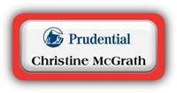 Metal Name Tag: White Metal Name Tag with a Red Plastic Border and Epoxy