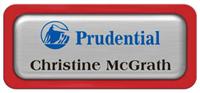 Metal Name Tag: Brushed Silver Metal Name Tag with a Red Plastic Border and Epoxy