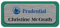 Metal Name Tag: Brushed Silver Metal Name Tag with a Pine Green Plastic Border