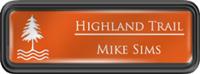 Framed Name Tag: Black Plastic (rounded corners) - Tangerine and White Plastic Insert with Epoxy