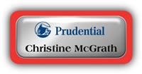 Metal Name Tag: Shiny Silver Metal Name Tag with a Red Plastic Border and Epoxy