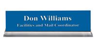 Sky Blue Plastic Plate with White Text, Clear Acrylic Base