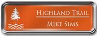 Framed Name Tag: Silver Metal (rounded corners) - Tangerine and White Plastic Insert with Epoxy