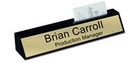 Black Marble Desk Name Plate with Card Holder - Brushed Gold Plate