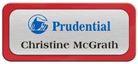 Metal Name Tag: Brushed Silver Metal Name Tag with a Red Plastic Border
