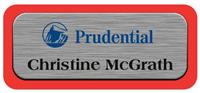Metal Name Tag: Brushed Silver Metal Name Tag with a Red Plastic Border