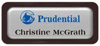 Metal Name Tag: Brushed Silver Metal Name Tag with a Dark Brown Plastic Border and Epoxy