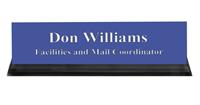 Purple Plastic Plate with White Text, Black Acrylic Deskplate