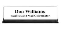 White Plastic Plate with Black Text, Black Acrylic Deskplate