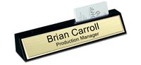 Black Marble Desk Name Plate with Card Holder - Brushed Gold with Shiny Gold Border