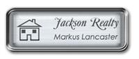 Framed Name Tag: Silver Metal (rounded corners) - Brushed Aluminum and Black Plastic Insert with Epoxy