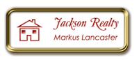 Framed Name Tag: Gold Metal (rounded corners) - White and Crimson Plastic Insert with Epoxy