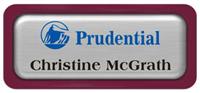 Metal Name Tag: Brushed Silver Metal Name Tag with a Burgundy Plastic Border and Epoxy
