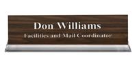 Walnut Plastic Plate with White Text, Clear Acrylic Base