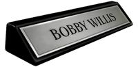 Brushed Silver Metal Name Plate with a Shiny Silver Border on an 8" Black Piano Finish Deskplate