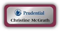 Metal Name Tag: Shiny Silver Metal Name Tag with a Burgundy Plastic Border