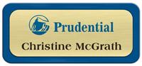 Metal Name Tag: Brushed Gold Metal Name Tag with a Blue Plastic Border