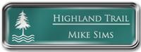 Framed Name Tag: Silver Metal (rounded corners) - Celadon Green and White Plastic Insert with Epoxy