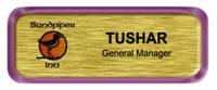 Metal Name Tag: Brushed Gold with Shiny Purple Metal Border