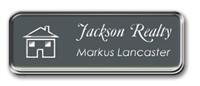 Framed Name Tag: Silver Metal (rounded corners) - Smoke Grey and White Plastic Insert with Epoxy