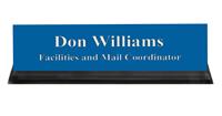 Sky Blue Plastic Plate with White Text, Black Acrylic Deskplate