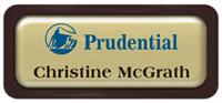 Metal Name Tag: Brushed Gold Metal Name Tag with a Dark Brown Plastic Border and Epoxy