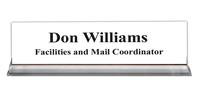 White Plastic Plate with Black Text, Clear Acrylic Base