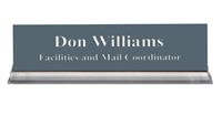 Smoke Grey Plastic Plate with White Text, Clear Acrylic Base