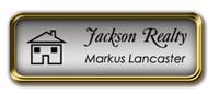 Framed Name Tag: Gold Metal (rounded corners) - Shiny Silver and Black Plastic Insert with Epoxy