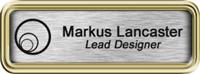 Framed Name Tag: Gold Plastic (rounded corners) - Brushed Aluminum and Black Plastic Insert with Epoxy