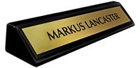 Brushed Gold Metal Name Plate with a Black Border on an 8" Black Piano Finish Deskplate
